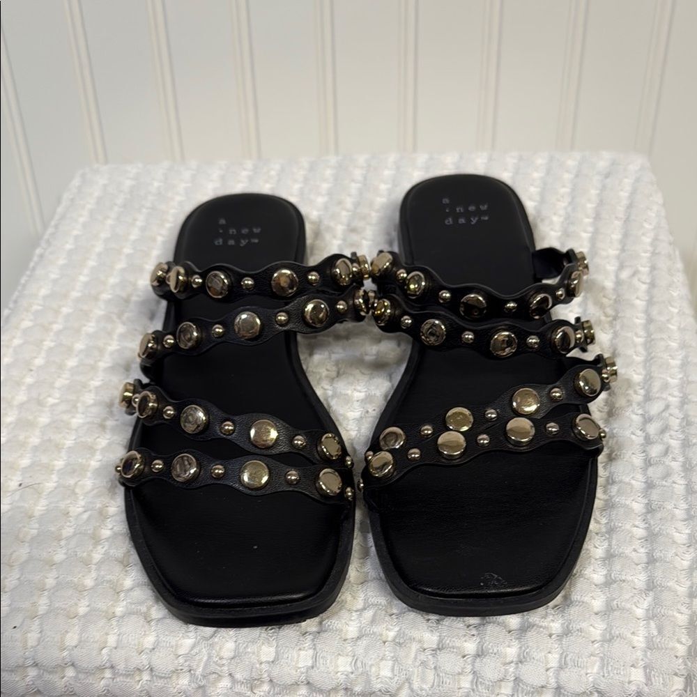 a new day Black Studded Triple-Strap Slide Sandals